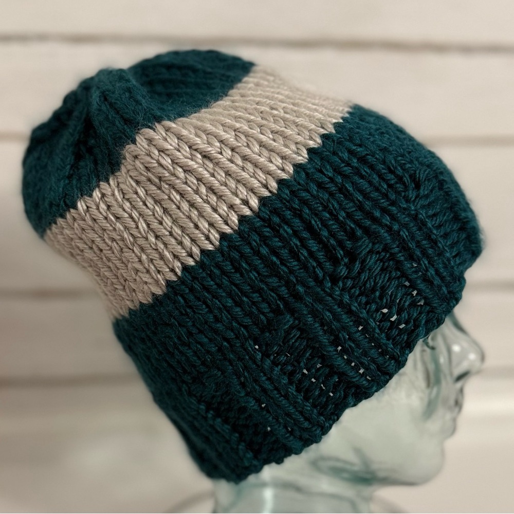 Hand-Knit Greenish Teal & Grey Beanie